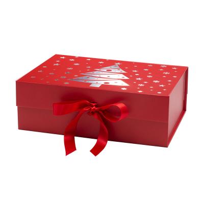 China Recyclable Custom Made Red Luxury Christmas Eve Ribbon Variable Style Rigid Gift Boxes For Sale for sale