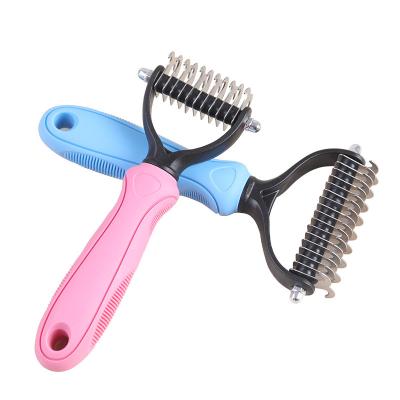 China Sustainable Double Sided Shedding And Dematting Undercoat Rake Comb For Dogs And Cats Pet Grooming Brush for sale