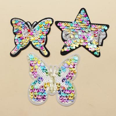 China Viable Custom Wholesale Colorful Sequin Butterfly Star Embroidered Iron On Patches For Clothing for sale