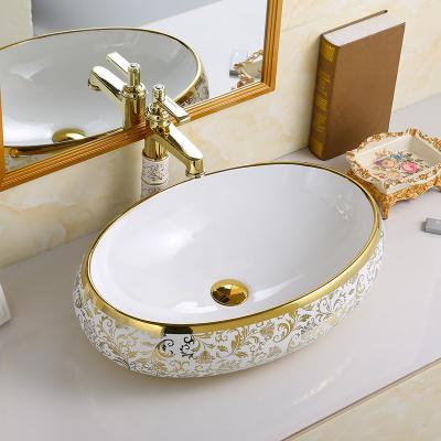 China Easy Clean Bathroom Sink Luxury Gold Art Ceramic Vanity Basin Plated Table Top Wash Basin Vessel Sink for sale