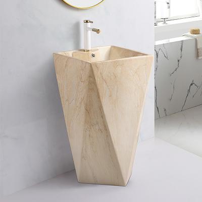 China Free Standing Ceramic Sink Basin Lavabo De Pie Pedestal Easy Clean One Piece Diamond Marble Pedestal Wash Basin for sale