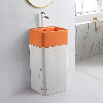 China Easy Clean Modern Ceramic Colorful Single Hand Pedestal Sink Square Bathroom Pedestal Stand Alone Single Piece Wash Basin for sale