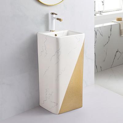 China Easy Clean Rectangular One Piece Pedestal Wash Basin Free Standing Ceramic Gold Pedestal Sink Ceramic White Basin for sale