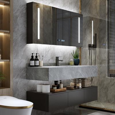 China 2022 New Modern Hot Sale Modern Gray Marble Bathroom Cabinet Floating Solid Wood Vanity With Mirror for sale