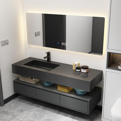 China Bathroom Vanity Supplier Modern Luxury Matte Black Wall Mounted Bathroom Mirror Cabinet Floating Vanity Set for sale