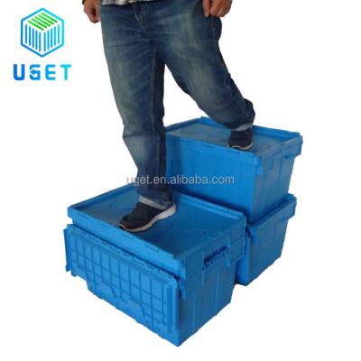 China Waterproof Hot Sale 50L Turnove Medium Reusable Home Remover Plastic Rental Box Moving Crate With Handle for sale