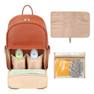 China Bad Big Brown PU Leather Mummy Waterproof - Large Functional Baby Diaper Moving Bag For Babies Multifunctional Backpack for sale