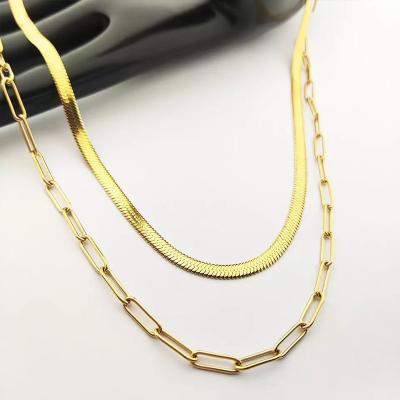 China CLASSIC Popular Gold Stainless Steel Necklace Double Layer Vacuum Electroplated 18K Blade Necklace Double Layer Loop Needle Necklace for sale