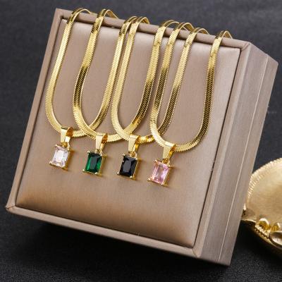 China CLASSIC New simple stainless steel flat snake  chain blade chain square zircon emerald pendant necklace, bracelet set women for sale