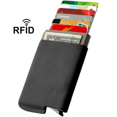 China RFID Credit Card Holder RFID Noise Blocking Slim PU Leather Case Credit Card Stand Up Card Holder Aluminum Wallet for sale