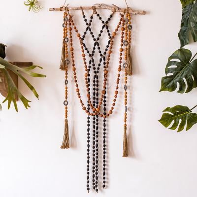 China Hemp Minimalist Rope Room Divider Beaded Curtain Ties Decorative Wall Decoration Art Ornaments Wooden Beads for sale