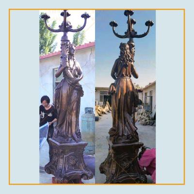 China Europe Garden Decor Life Size Bronze Female Torch Statue Lamp Post Sculpture For Sale for sale