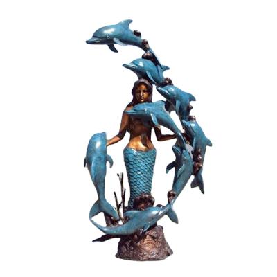 China Europe Garden Art Sculpture Mermaid Statue And Dolphin Life Size Bronze Water Fountain for sale