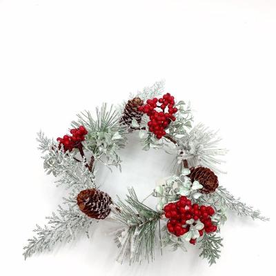 China 15cm Mini Christmas Wreath Front Door Decoration Indoor Outdoor Snow Flocked Glitter Garland with Red Berries and Pine Cones for sale