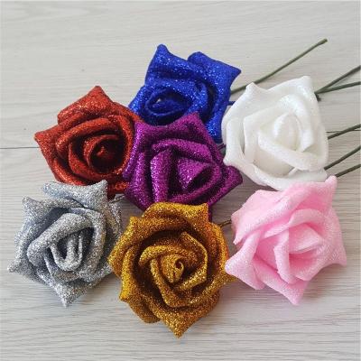 China Hot Sale Gold Rose Flower Glitter Party Single Stem Rose Flower Wedding Hotel Decoration Sparkle Artificial PE Foam Rose Flower for sale