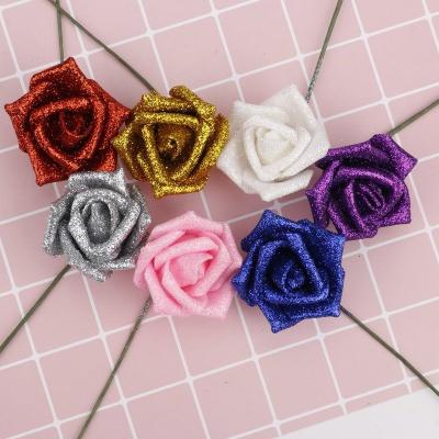 China Party Glitter Foam Artificial Gold Rose Flower PE Rose Flower Party Festival Hotel Decoration Flower Heads For Wedding Birthday 7cm for sale