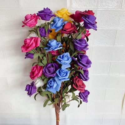 China Hot Selling Artificial Foam Flower Hand Made For Home Weeding Decoration Colorful Bulk Artificial PE Rose Flowers Bunches 5 Heads Rose for sale