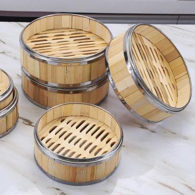 China Sustainable Bamboo Net Mat Woven Food Cooker Bamboo China Stainless Handmade Basket Steamer With Stainless Steel for sale