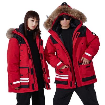 China Couples Winter QUICK DRY Coat with Fur Hooded Softshell Anorak Red Warm Puffer Jacket Men College Long Unisex for sale