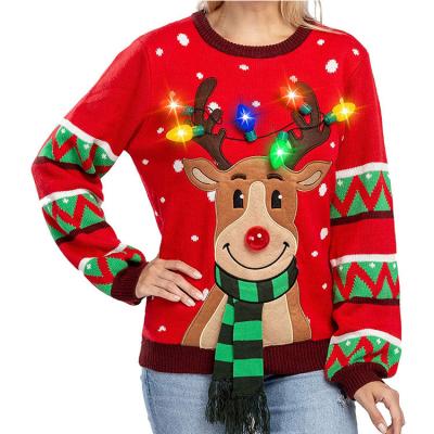 China Custom Women's Jacquard Christmas Sweater Anti Shrink Jumper Color Led Light Elk Christmas Knitted Pullover Sweater for sale