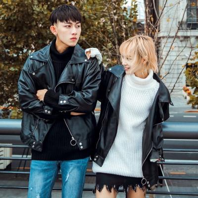 China Men's youth waterproof leather jacket autumn and winter style Korean loose motorcycle handsome lovers unisex for sale