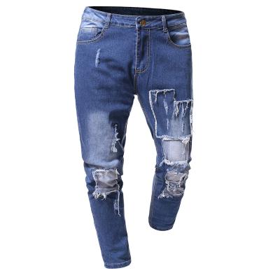 China Hot Selling Lattice Leg Straight Casual Men Denim Pants Breathable Slim Patch Ripped Jeans Men for sale