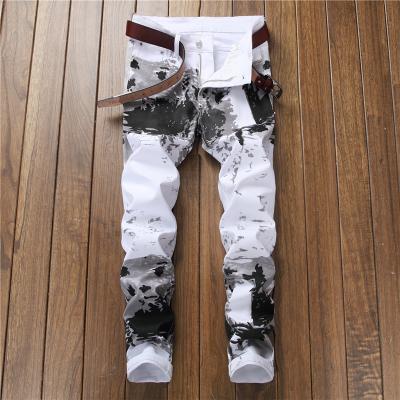 China Fashionable Men's Slim Skinny Print Jeans Zipper Fit Cylinder Heads Destroyed Fringed Trousers Denim Pants Y11045 for sale