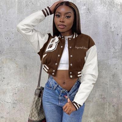 China PU QUICK DRY QUICK DRY patchwork short varsity jacket women fall letter embroidery button baseball bomber jackets coat sports sweatshirt C14003 for sale