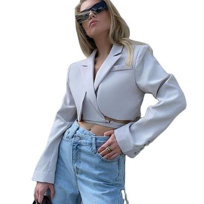 China Best Seller Breathable Gray Double Layer Bandage Slim Blazer Women Sheath Long Pocket Short Jacket Female Outwear Tops for sale