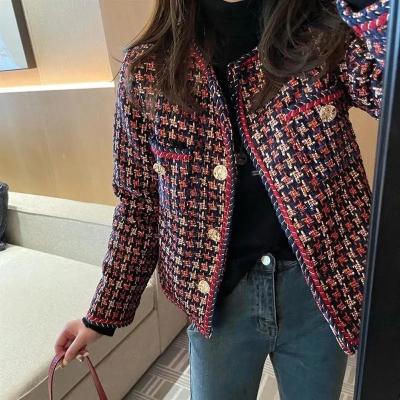 China Anti-wrinkle weave plaid women elegant blazer pocket plus velvet winter tweed coat office ladies casual suit jacket for sale