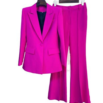 China Anti-Wrinkle Blazer Pant Suits Women Office Yellow Purple Business Set Ladies Two Piece Single Buttons Flared Pants Blazer Formal Suit for sale