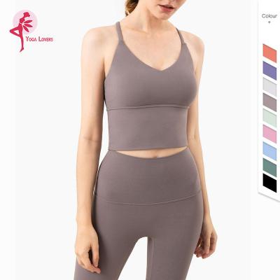 China Breathable Women Sport Yoga Bra Wire V Neck Bra Fitness Underwear High Quality Backdrop Sexy Deep Cross Back Sling Bare Yoga Bra for sale