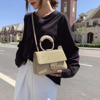 China Other Summer Handbags Small Straw PU Sling Shoulder Bags Beach Travel Leather Cross - Body Bags Straw Purses Handbags Handmade Fashionable for sale