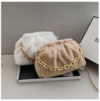 China Winter Fashion Faux Fur Handbag Cloud Shoulder Strap Tote Bag Crossbody Hand Acrylic Gold Chain Bag For Women for sale