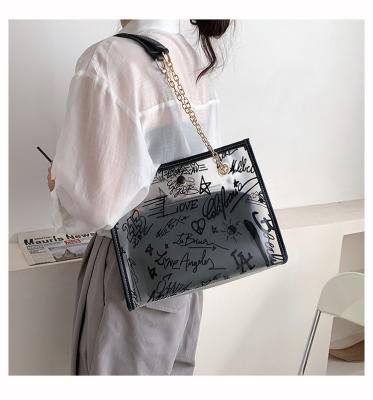 China Casual Designer Chains Luxury Handbags PVC Handbags Tote Bags Personality Graffiti Large Transparent Frosted Daily Women For Women for sale