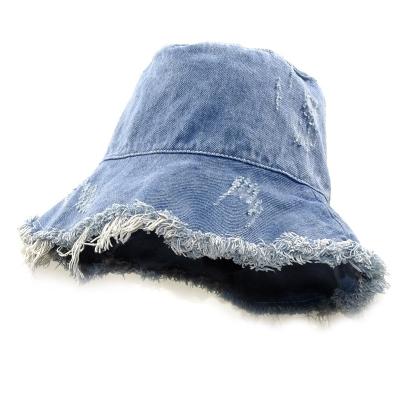 China Casual Summer Women Fashion Tassel Floppy Sun Hat Wide Brim Worn Out Washed cotton denim Bucket Hat for sale