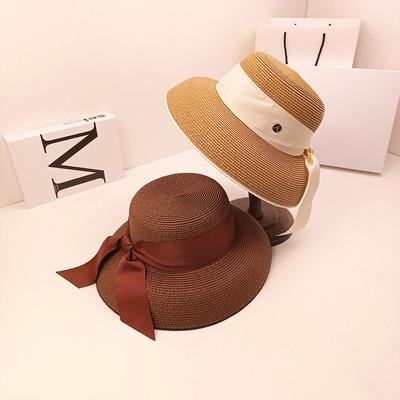 China Big Picture Hepburn Style Straw Retro Dome Brim Bowknot Umbrella Foldable Fisherman Hats for sale