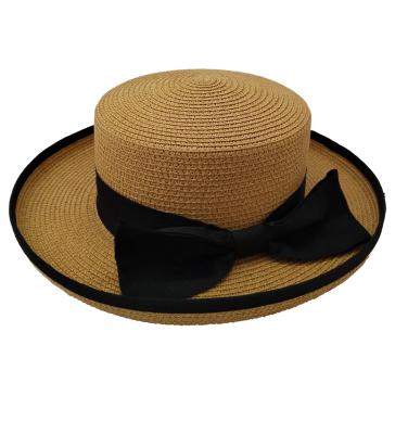 China British Beach Hats Bow Knot Straw Hat Picture Ladies Sunshade Soft Natural Flat Top Hat for sale