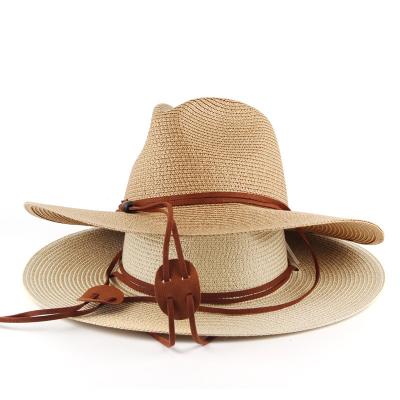 China Wholesale Sun Striped Wide Brim Sombreros Tourism Outdoor Beach Straw Hat With Suede Chin String for sale