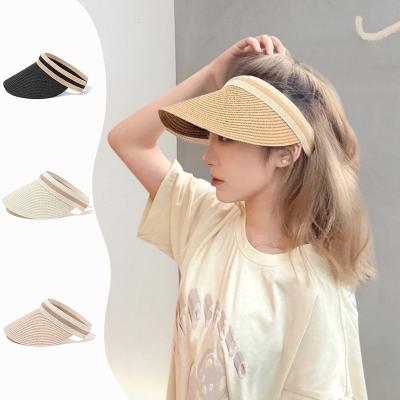 China 2022 Image Women Straw Sun Hat Visor Khaki Straw Hat Wide Brim Sunhat Beach Sun Visor Hat for sale