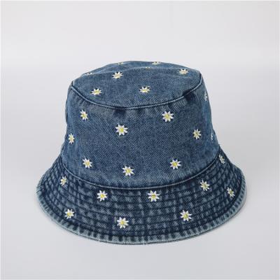 China 2022 Small Daisy Flower Embroidery Casual Washable Denim Blue Bucket Hat For Kids for sale