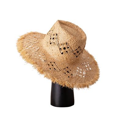 China Picture custom wholesale fashion flat brim straw hat fringed floppy big brim raffia straw hats women for sale