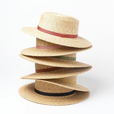 China Outdoor Breathable Picture Summer Solid Color PU Ribbon Straw Hat Dome Flat Surface Wheat Straw Hats for sale