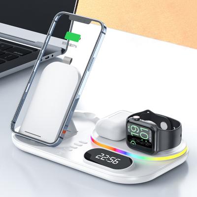 China Smart Watch 15W Fast Wireless Charger 3 in 1 Stand Color Wireless Charging LED Display with Time for iPhone iwatch for Airpods for sale