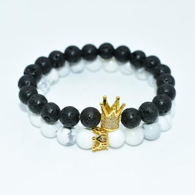 China Eco-Friendly Natural Howlite And Lava Colors Crown Distance Bracelets For Couples 4 Bead Bracelets Women for sale