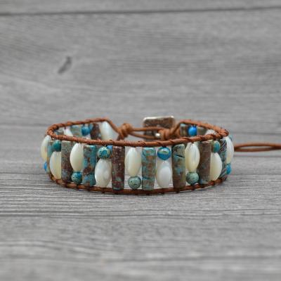 China Eco-Friendly Imperial Stone And Shell Simple Leather Bracelet Boho Multilayer Leather Bracelet for sale