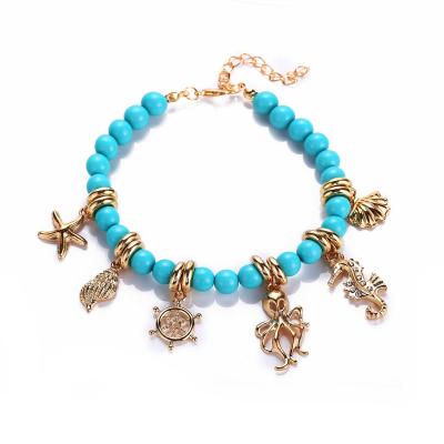 China Fashionable new style vintage conch rudder octopus turquoise handmade adjustable anklet chain for sale