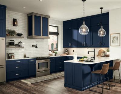 China Modern 2023 SKYLINE Customized  American Morden Navy Blue U Shape Quartz Top High Glossy Finish Top Selling Household Kitchen Cabinet for sale