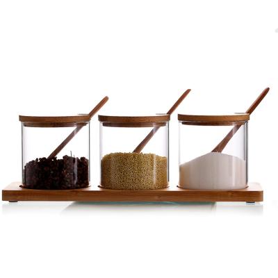 China Stocked three piece sets of 400ml borosilicate glass seasoning jar with bamboo lids for sale