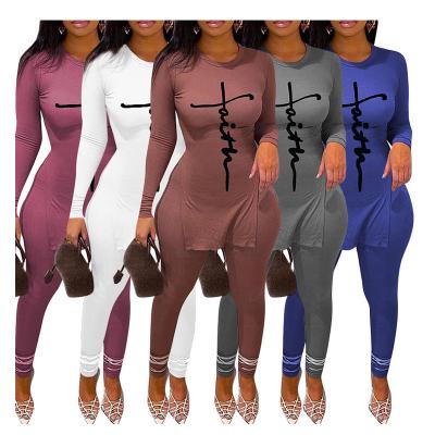 China JY-9093 Women's Breathable Clothing Faith Letter Print 2 Piece Set Long Sleeve T-shirt Pants Suits Casual Two Piece Sets for sale